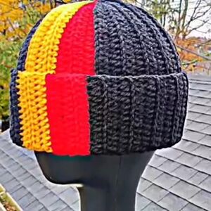 Black Knit Beanie with Red and Yellow Stripes